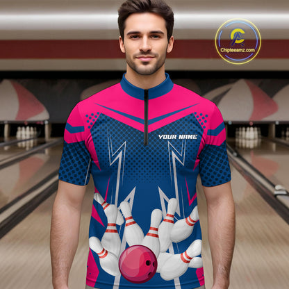 Pink&Blue Bowling Shirts for Men Women Team Personalized Bowling Polo and Quarter Zip MBL112