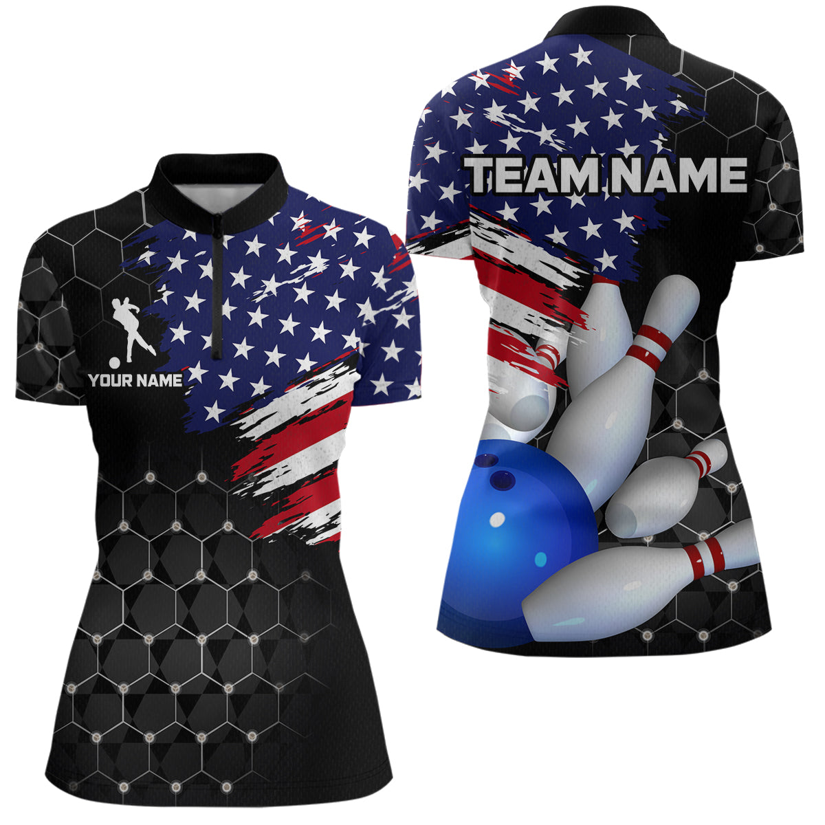 American Flag Bowling Shirts for Men Women Patriotic Bowling Jersey Polo&1/4 Zip Shirt MBL09