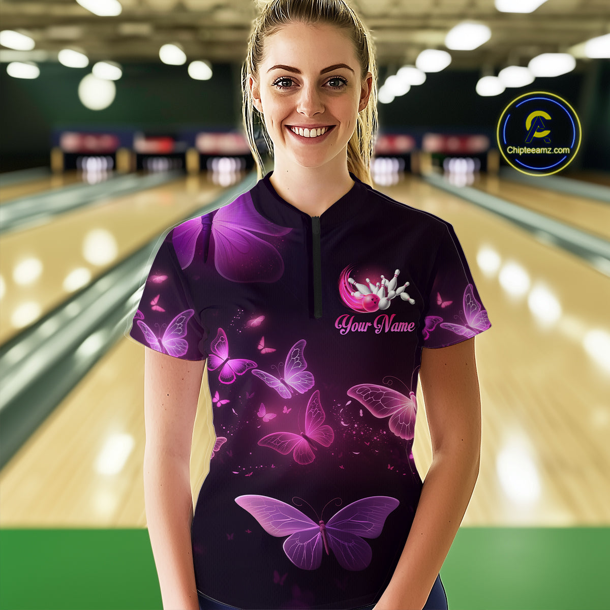 Purple Butterflies Bowling Shirts Men Women Team Bowling Jerseys Polo and Zip Shirt MBL166