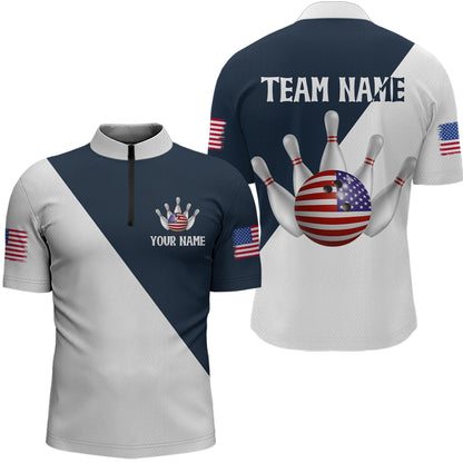 American Flag Bowling Shirts Blue&White Bowling Jersey for Men Women Bowling Jersey MBL34