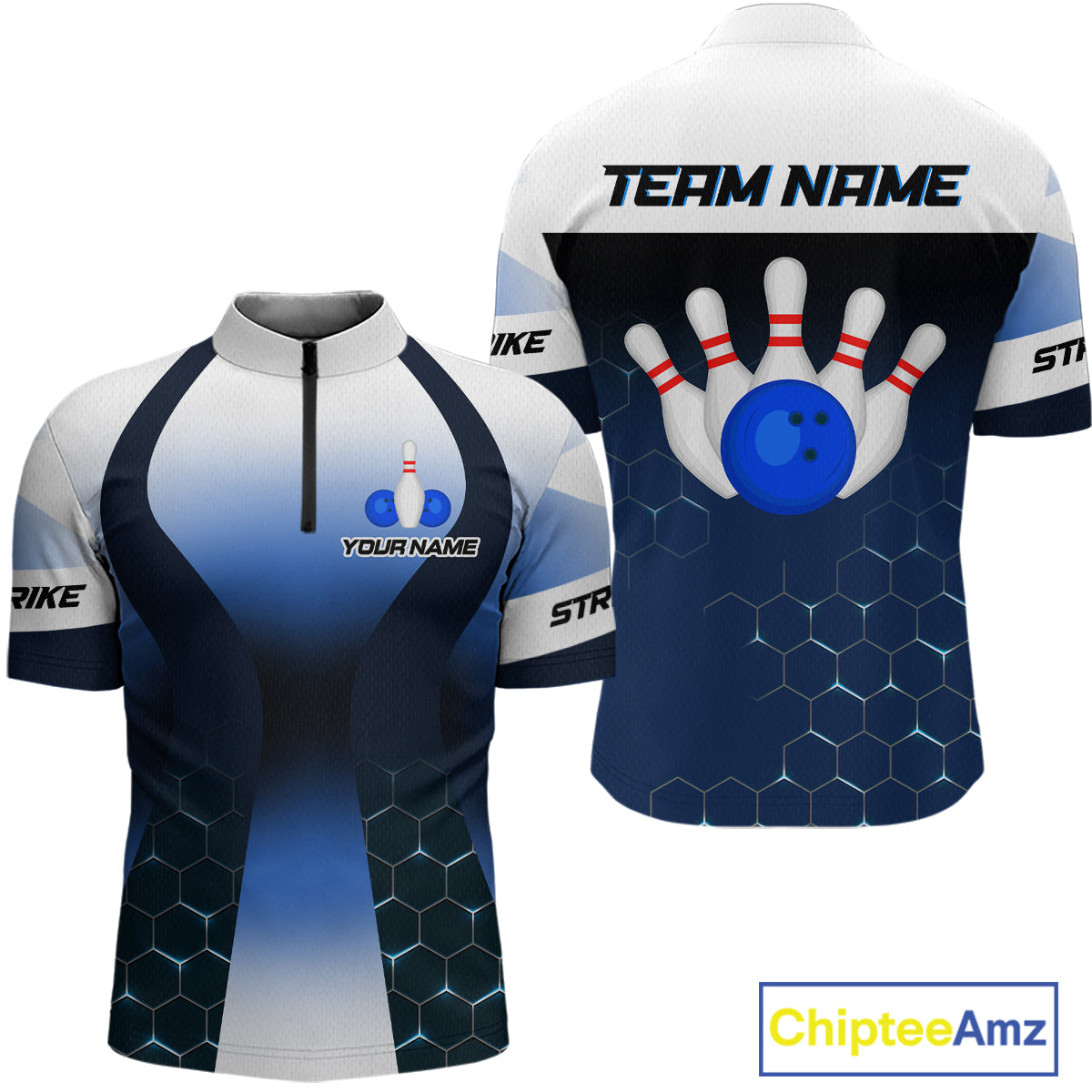 White and Blue Bowling Shirts for Men Women Team Custom Bowling Polo & Quarter Zip MBL105