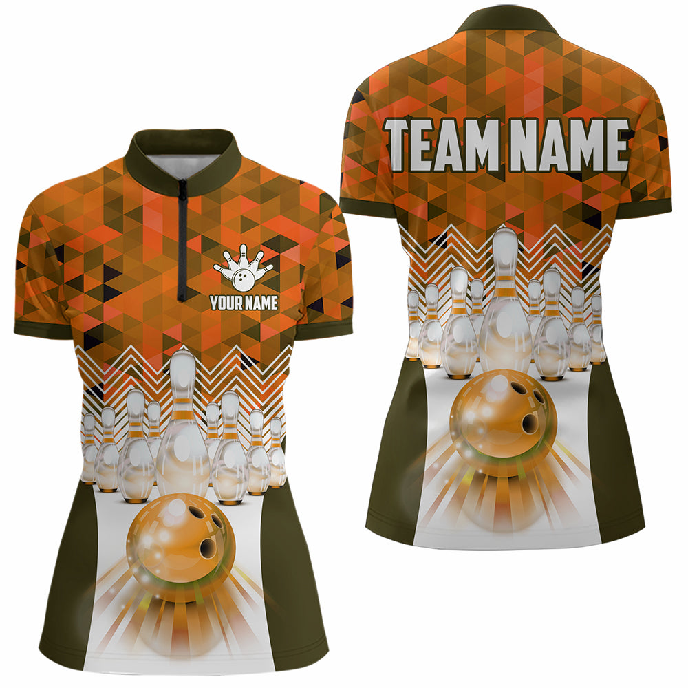Orange Bowling Shirt for Women 3D Custom Name Bowling Jersey Shirts Team Polo & Quarter-Zip HNT10