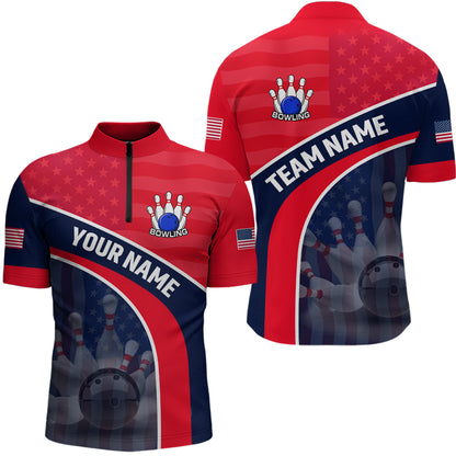Personalized US Flag Bowling Jersey for Men Bowling Gifts Bowling Team Jersey with Name Polo & 1/4 Zip HNT28
