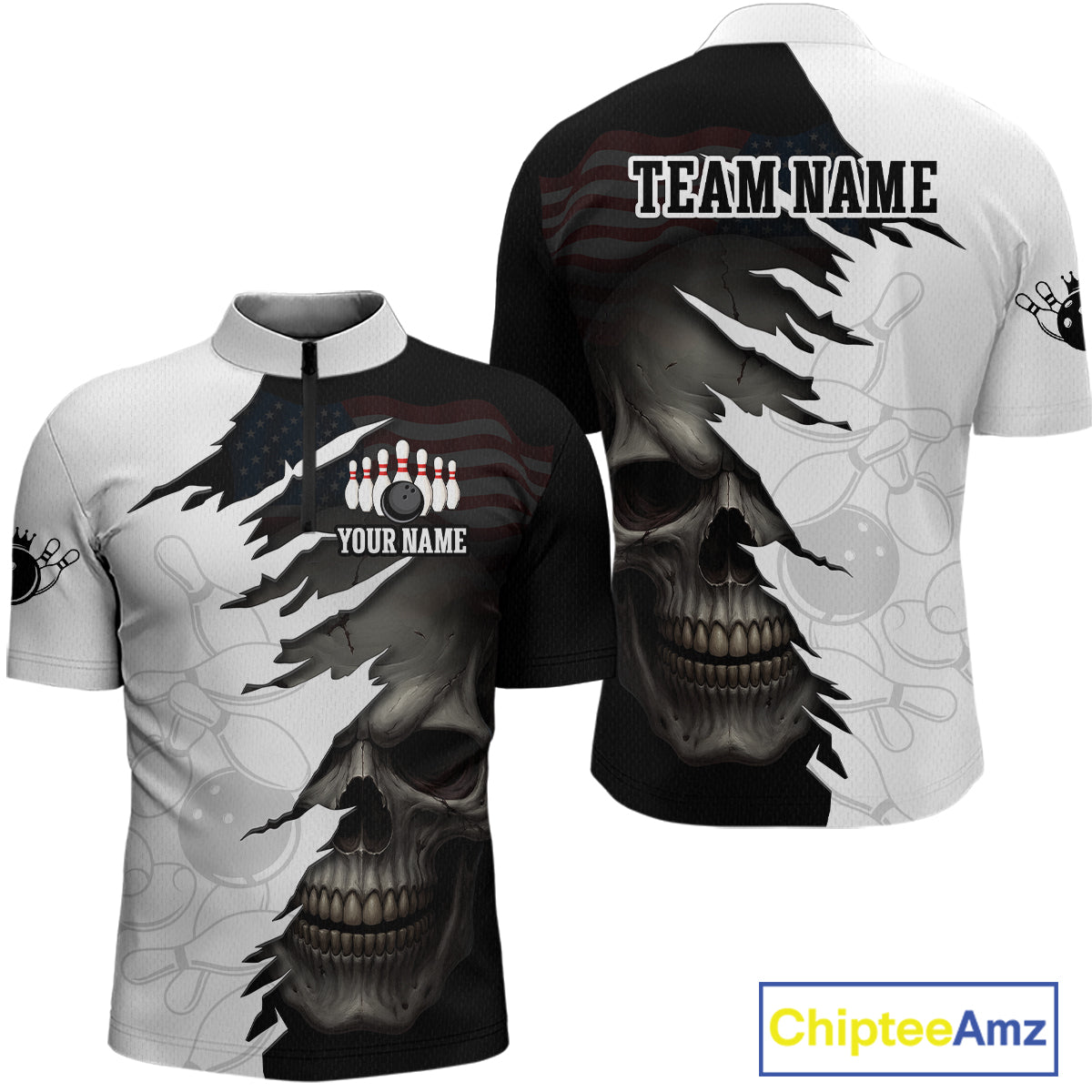 Custom Black White Skull Bowling Jersey for Men Bowling Polo & 1/4 Zip Bowling Team Shirts HNT111