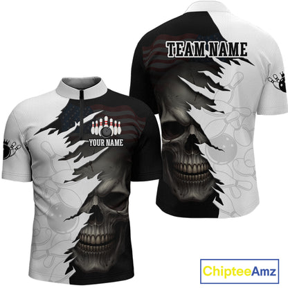 Custom Black White Skull Bowling Jersey for Men Bowling Polo & 1/4 Zip Bowling Team Shirts HNT111
