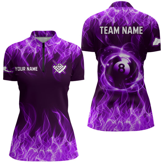Purple Flaming 8 Ball Pool Shirts Women Billiard Polo & 1/4 Zip Shirts Billiard Team Jerseys NNT10