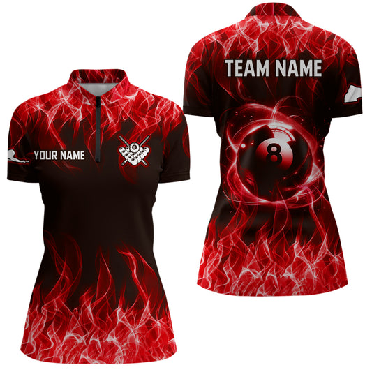Red Flaming 8 Ball Pool Shirts Women Billiard Polo & 1/4 Zip Shirts Billiard Team Jerseys NNT10