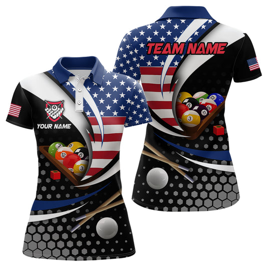 Custom US Flag 8 Ball Billiard Shirts for Women Billiard Team Shirts Billiard League Polo & 1/4 Zipper NNT83