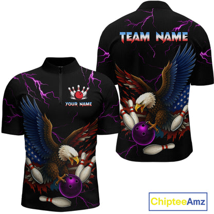 Purple Thunder US Flag Eagle Bowling Shirts for Men Team Bowling Polo & Quarter-Zip HNT96