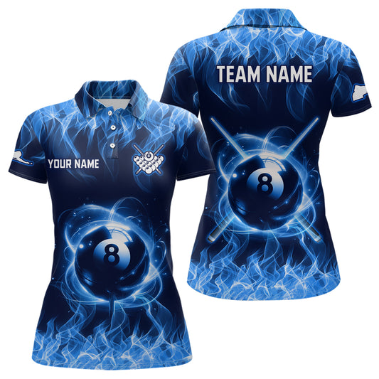Personalized Blue Flaming Billiard Jerseys 8 Ball Pool Billiard Shirts for Women Team Polo & 1/4 Zip Shirt NNT29