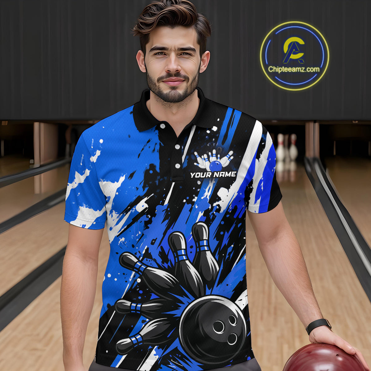 Custom Blue Bowling Jersey for Men Bowling Uniform Polo & 1/4 Zip Bowling Team Shirts HNT105