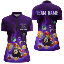 Load image into Gallery viewer, Personalized Purple Flaming Billiards Shirt 8 Ball Billiards Pool Billiard Shirt Women Polo Shirts &amp; 1/4 Zip NNT08