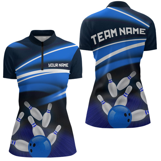 Custom Blue Bowling Jersey Bowling Team Shirts For Women Bowling League Polo & 1/4 Zip HNT163