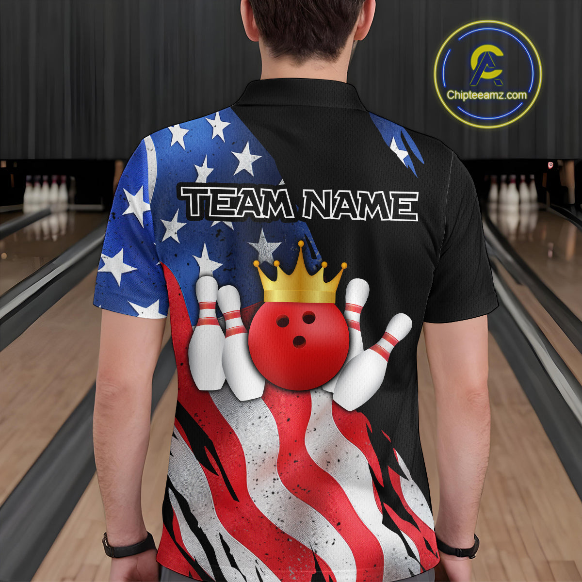 Custom US Flag Crown Bowling Men Bowling Shirt Polo & Quarter-Zip Bowling Team Jerseys HNT85