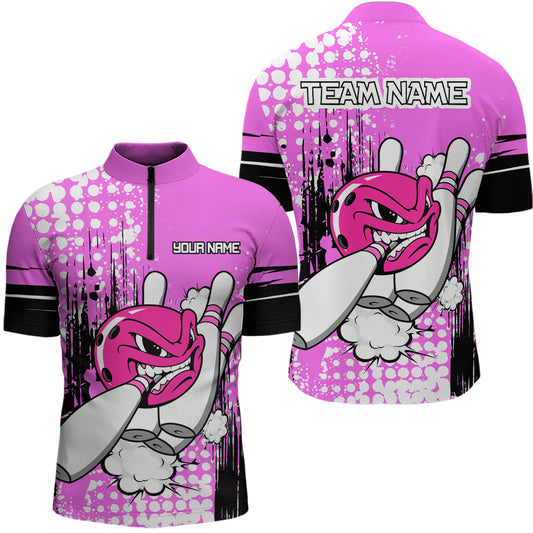 Personalized Pink Funny Crazy Bowling Shirt for Men Polo & Quarter-Zip Bowling Jersey with Team HNT03