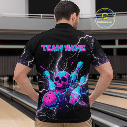Custom Thunder Skull Flame Bowling Men Polo & 1/4 Zip Shirts Bowling Team Jerseys HNT93