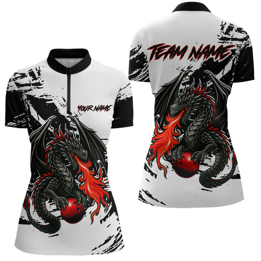 Custom Black Dragon Flame Bowling Women Shirts Bowling Gifts Polo & 1/4 Zip Bowling Team Jerseys HNT100