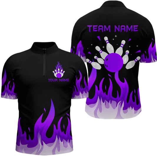 Custom Purple Flame Bowling Shirts for Men Polo & Quarter-Zip Bowling Team Jerseys HNT82