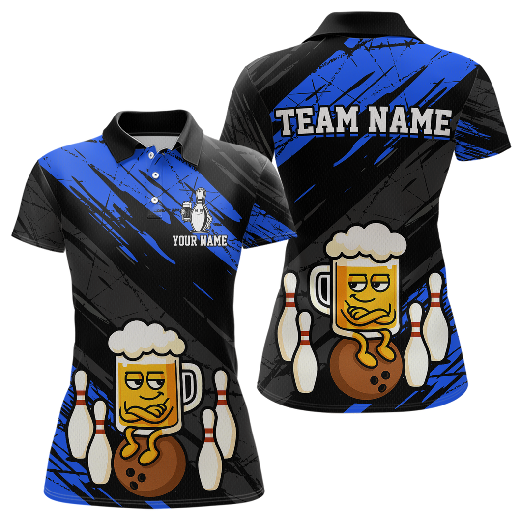 Custom Blue Funny Beer Bowling Jersey for Women Bowling Uniform Polo & 1/4 Zip Bowling Team Shirts HNT107