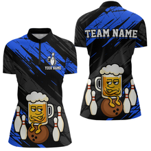 Load image into Gallery viewer, Custom Blue Funny Beer Bowling Jersey for Women Bowling Uniform Polo &amp; 1/4 Zip Bowling Team Shirts HNT107