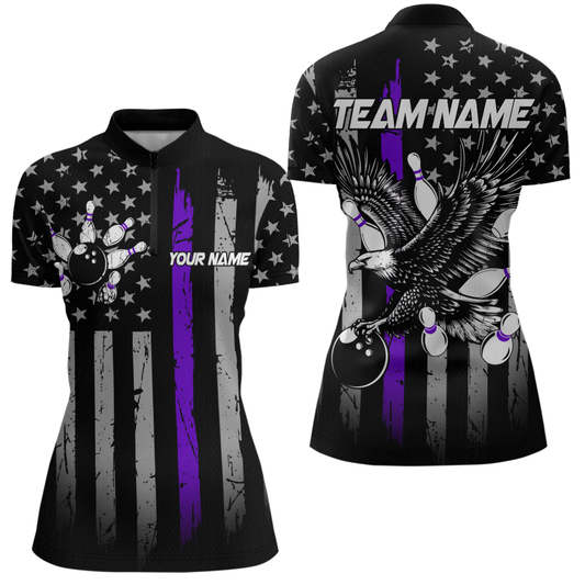 Custom Purple US Flag Eagle Bowling Jersey for Women Bowling Uniform Polo & 1/4 Zip Bowling Team Shirts HNT119