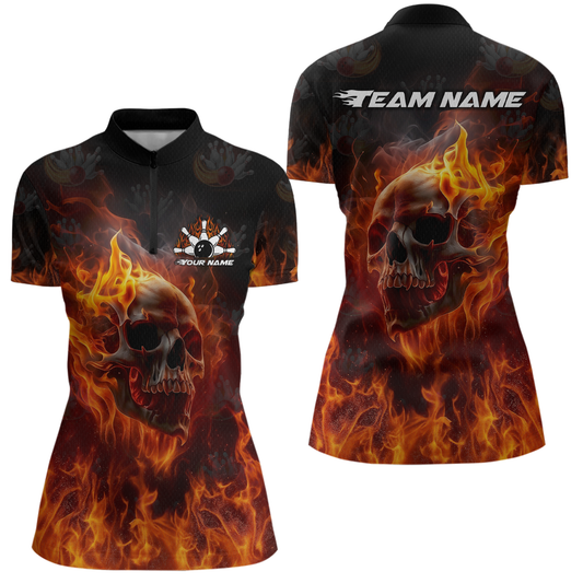 Custom Flame Skull Bowling Jersey for Women Bowling Uniform Polo & 1/4 Zip Bowling Team Shirts HNT112