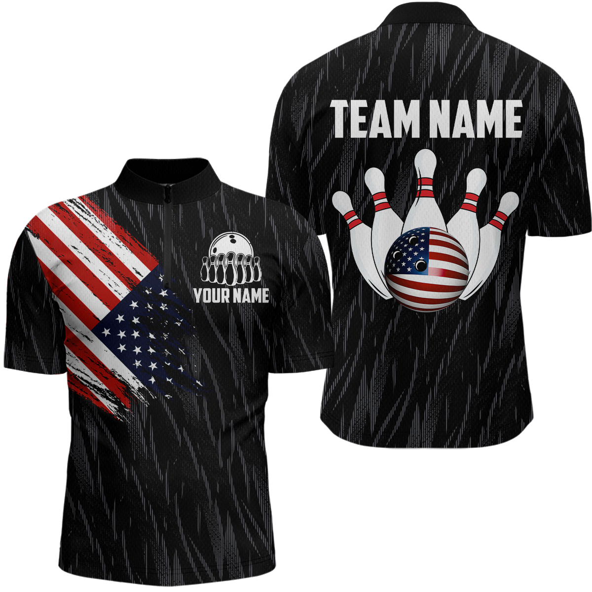 US Flag Personalized Bowling Team Shirts For Men Bowling League Polo & 1/4 Zip Shirt HNT11
