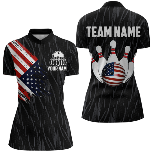 US Flag Personalized Bowling Team Shirts For Women Bowling League Polo & 1/4 Zip Shirt HNT11