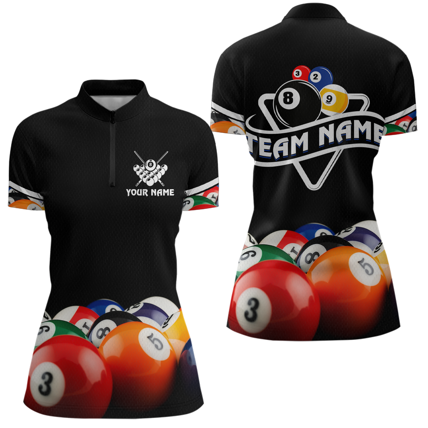 Custom Black 8 Ball Billiard Shirts for Women Billiard Team Shirts Billiard League Polo & 1/4 Zip NNT75