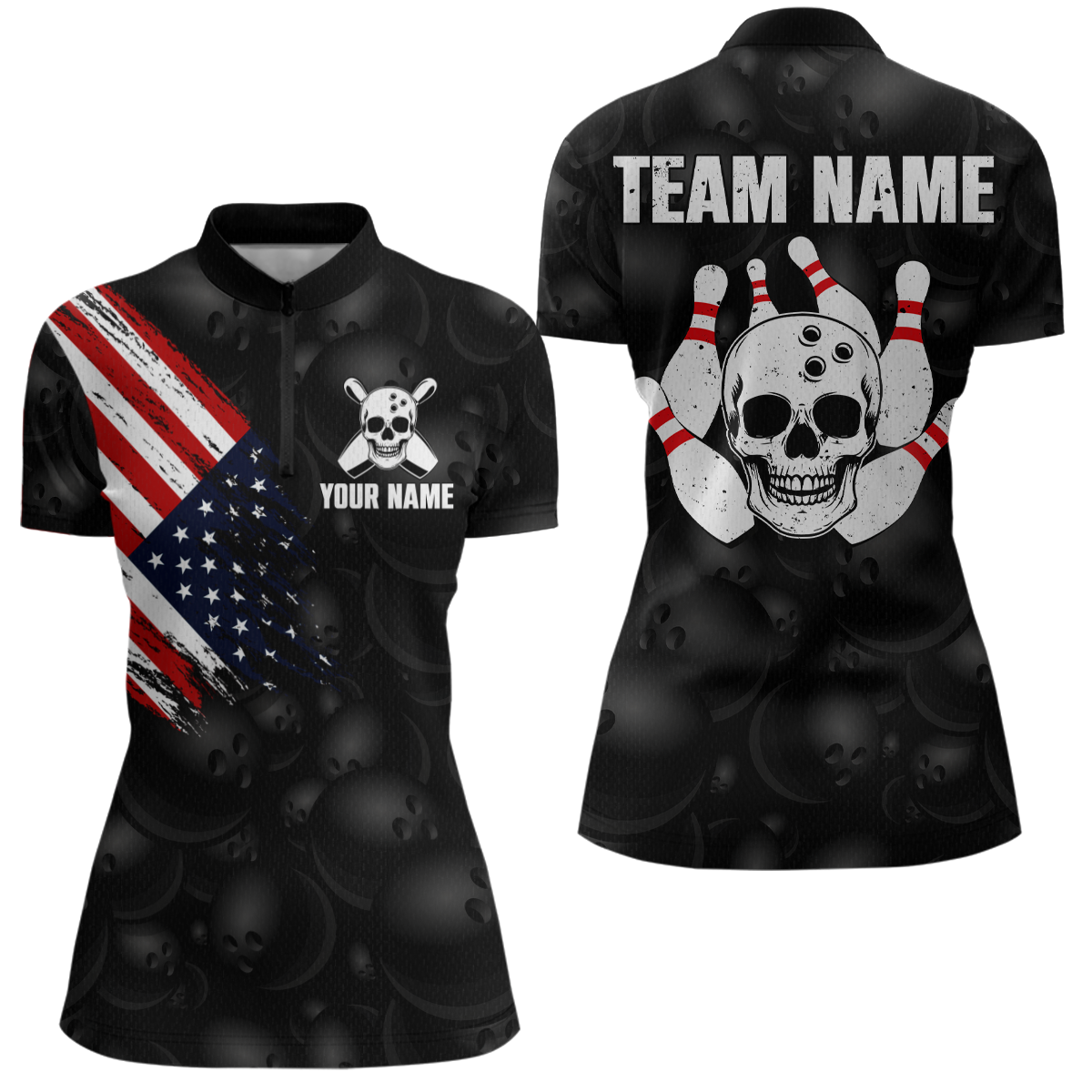 Skull US Flag Bowling Shirt for Women Personalized Patriotic Bowling Team Jersey Shirts Polo & Quarter-Zip HNT31