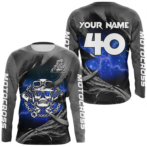 Adult&Kid Blue Skull Custom Dirt Bike Jersey Motocross Jersey Upf30+ Motocross Shirt| CTP86