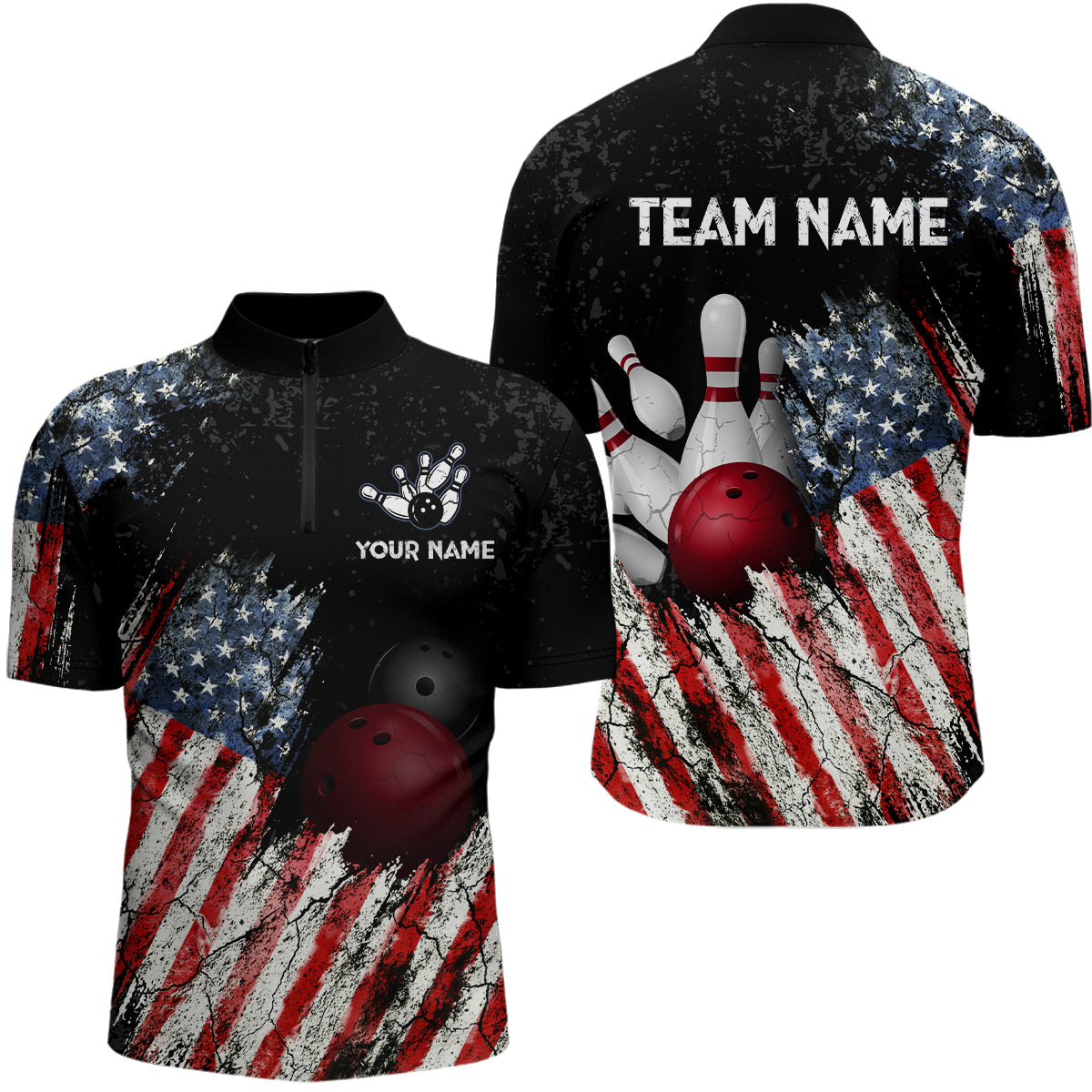 American Flag Bowling Jersey Men And Women Custom Bowling Team Shirts Unisex Bowling Polo Quarter-zip CP25