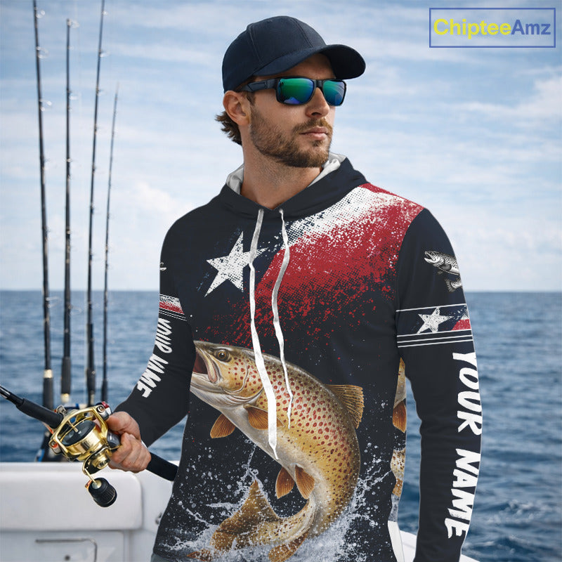 Custom Vintage Brown Trout Long Sleeve Hooded Patriotic Fishing Shirt For Men, Trout Texas Flag Fishing Shirt NHT767