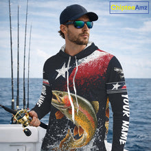 Load image into Gallery viewer, Custom Vintage Rainbow Trout Long Sleeve Hooded Patriotic Fishing Shirt For Men, Trout Texas Flag Fishing Shirt NHT766
