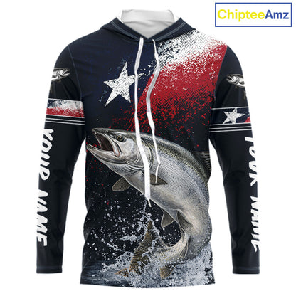 Custom Vintage Chinook Salmon Long Sleeve Hooded Patriotic Fishing Shirt For Men, Salmon Texas Flag Fishing Shirt NHT765