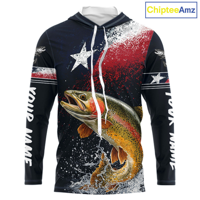 Custom Vintage Rainbow Trout Long Sleeve Hooded Patriotic Fishing Shirt For Men, Trout Texas Flag Fishing Shirt NHT766