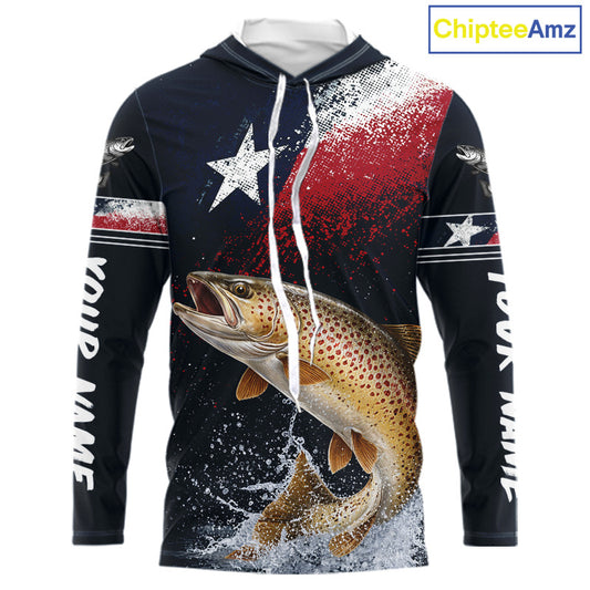 Custom Vintage Brown Trout Long Sleeve Hooded Patriotic Fishing Shirt For Men, Trout Texas Flag Fishing Shirt NHT767