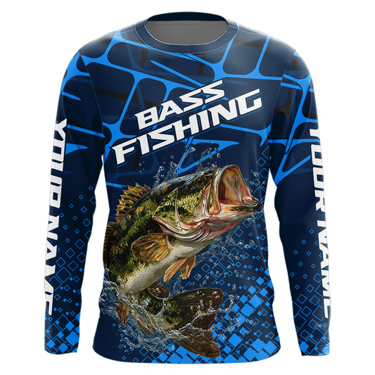 Largemouth Bass Fishing, Fishing Shirts Long Sleeve, Fishing Gift  | Blue NHT385
