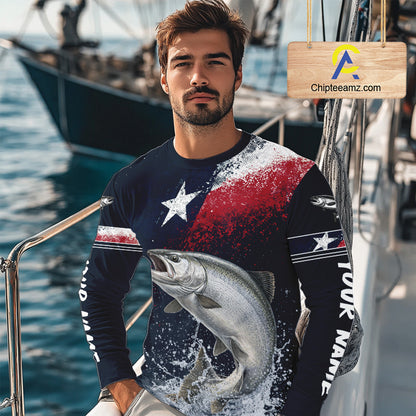 Custom Vintage Chinook Salmon Long Sleeve Patriotic Fishing Shirt For Men, Salmon Texas Flag Fishing Shirt NHT765