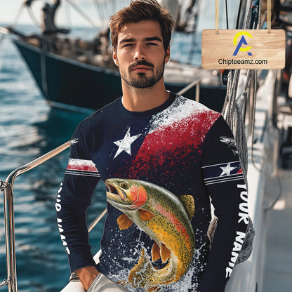 Custom Vintage Rainbow Trout Long Sleeve Patriotic Fishing Shirt For Men, Trout Texas Flag Fishing Shirt NHT766