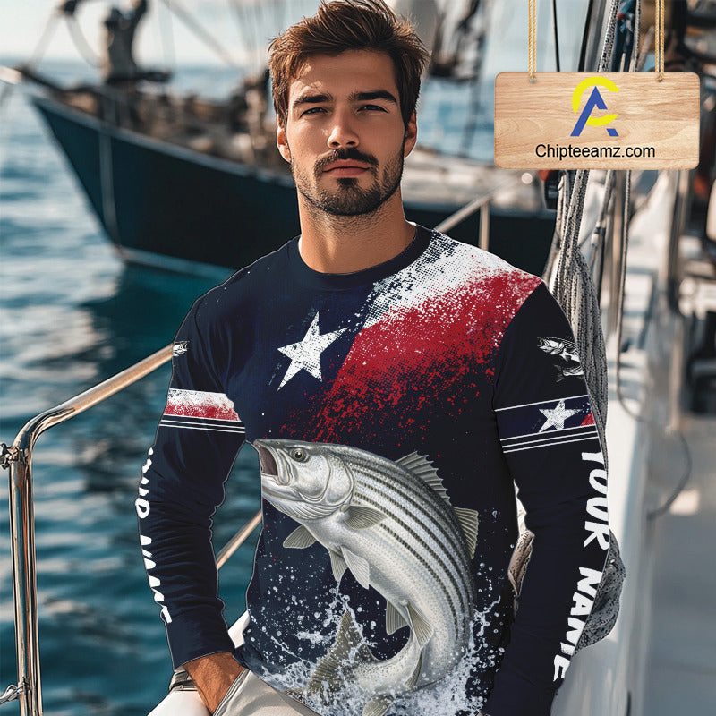 Custom Vintage Striped Bass Long Sleeve Patriotic Fishing Shirt For Men, Bass Texas Flag Fishing Shirt NHT768