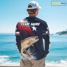 Load image into Gallery viewer, Custom Vintage Brown Trout Long Sleeve Patriotic Fishing Shirt For Men, Trout Texas Flag Fishing Shirt NHT767