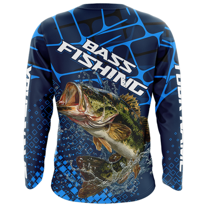 Largemouth Bass Fishing, Fishing Shirts Long Sleeve, Fishing Gift  | Blue NHT385