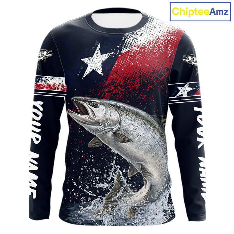 Custom Vintage Chinook Salmon Long Sleeve Patriotic Fishing Shirt For Men, Salmon Texas Flag Fishing Shirt NHT765