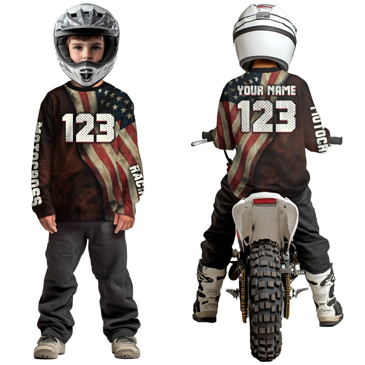 Custom Youth US Flag Dirt Bike Jersey Off-Road Shirt Motocross Jersey UPF30+ Kid Men Women DNT71