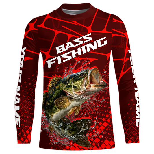 Largemouth Bass Fishing, Kid Fishing Shirts Long Sleeve Scale, Fishing Gift |Red NHT391