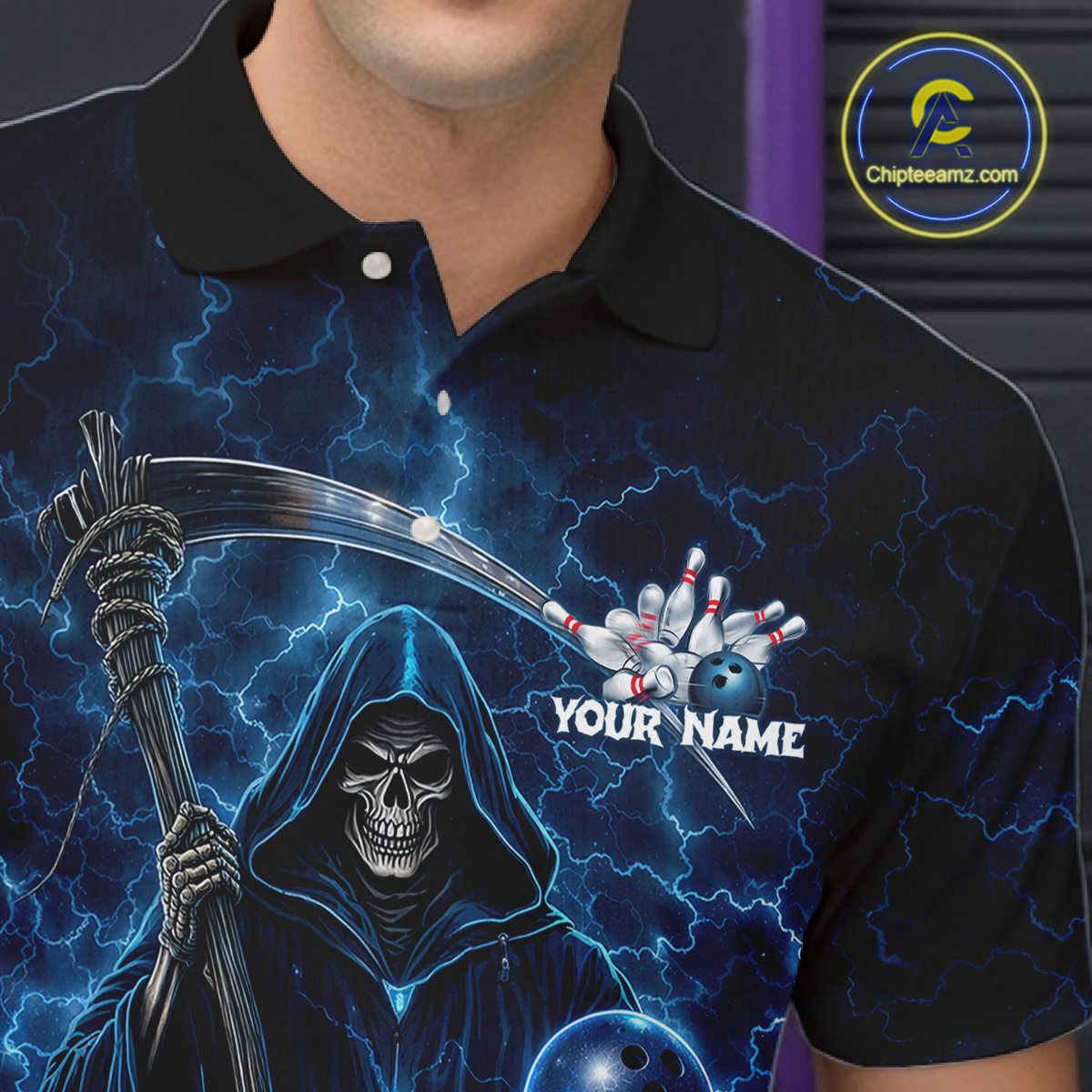 Blue Thunder Lightning Bowling Shirt for Men Bowling League Jersey Polo & Quarter-Zip Bowling Outfit QZT932