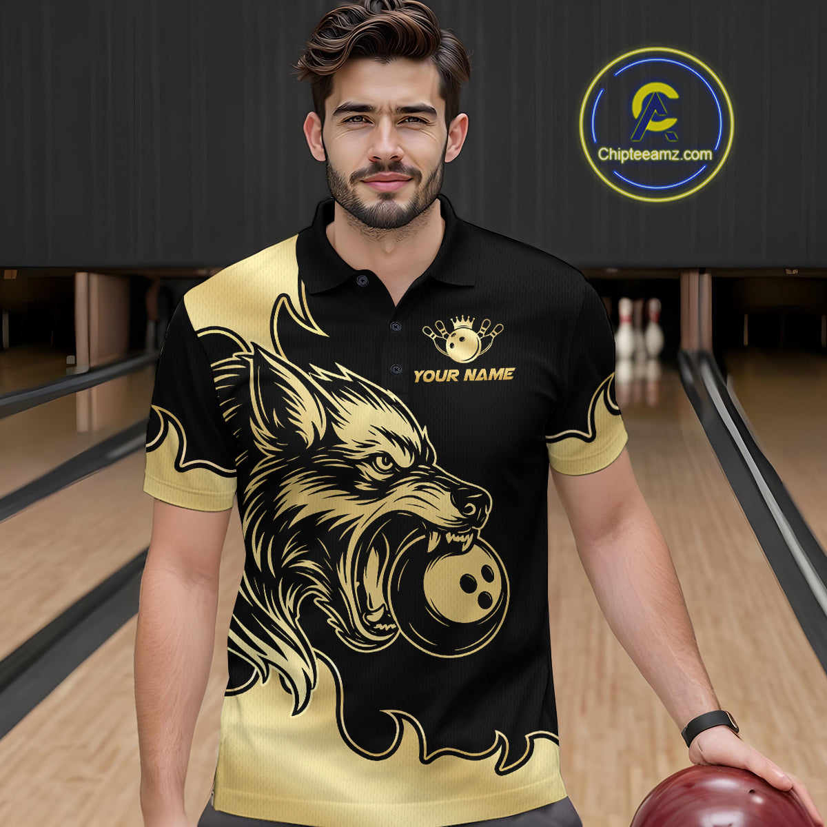 Gold Wolf Bowling Shirts for Team Women Men Custom Wolf Bowling Polo & Quarter Zip MBL194