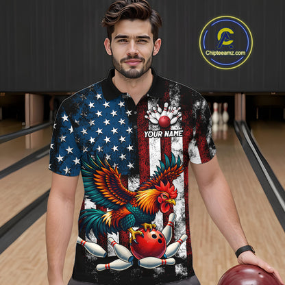 Custom Rooster US Flag Bowling Jersey for Men Bowling Team Shirts Bowling Polo & 1/4 Zip HNT259