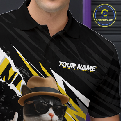 Custom Yellow Funny Cat Bowling Jersey for Men Bowling Shirt Polo & 1/4 Zip Bowling Team Shirts HNT136